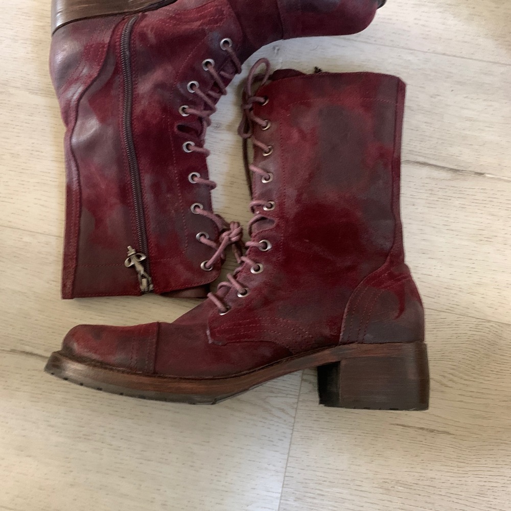 Lace-Up Mid-Calf Leather Boots - Red - Picture 2 of 10